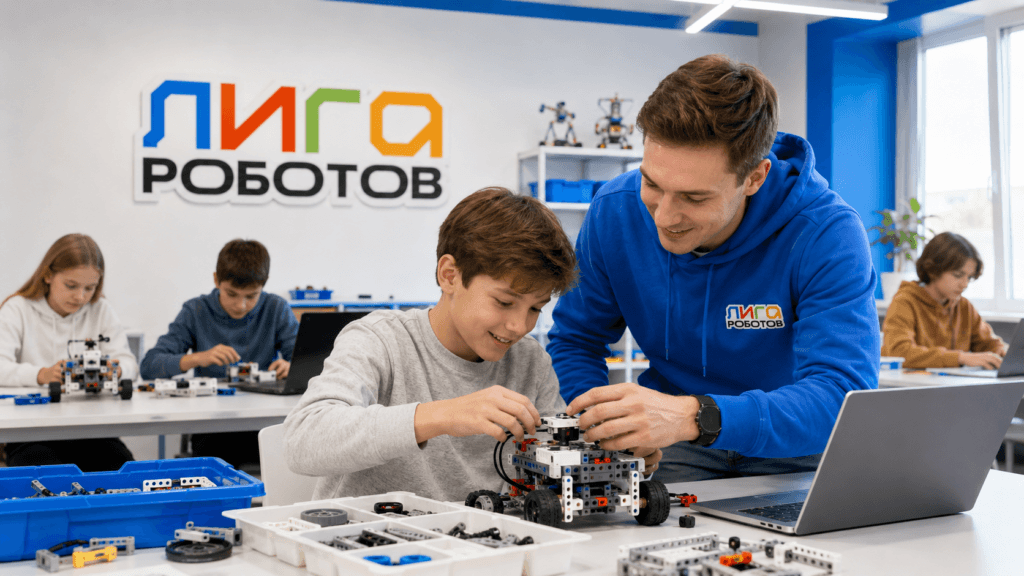 Ребенок собирает робота на занятии по робототехнике