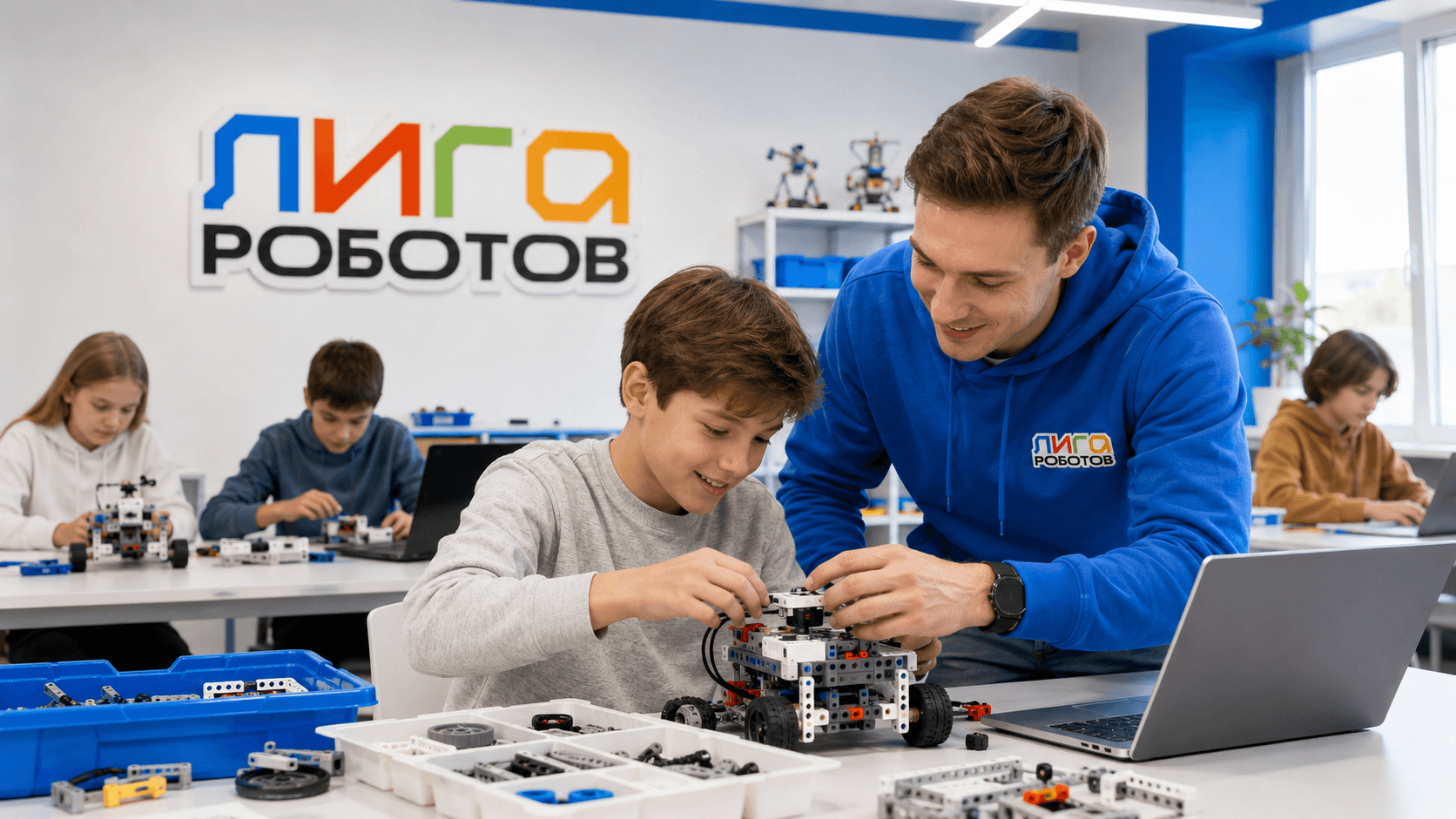 Ребенок собирает робота на занятии по робототехнике